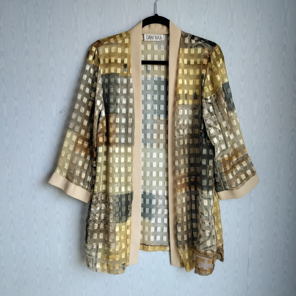 Vtg Dani Max‎ Women's 14 Sheer Burnout Open Topper Cardigan Boho Lagenlook